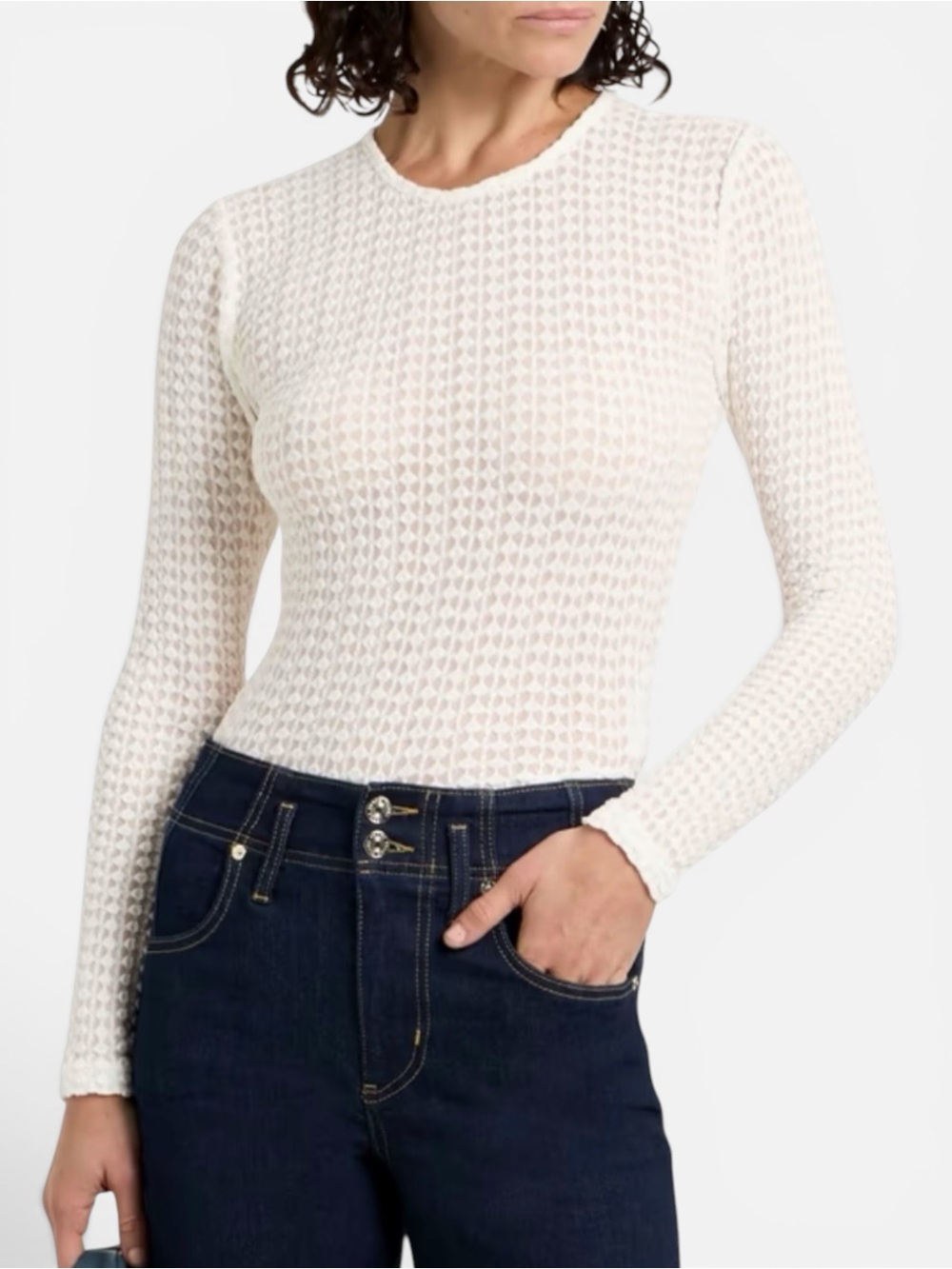 FRAME The Popcorn Textured Stretch Cotton Blend Top Ivory Long Sleeve Medium